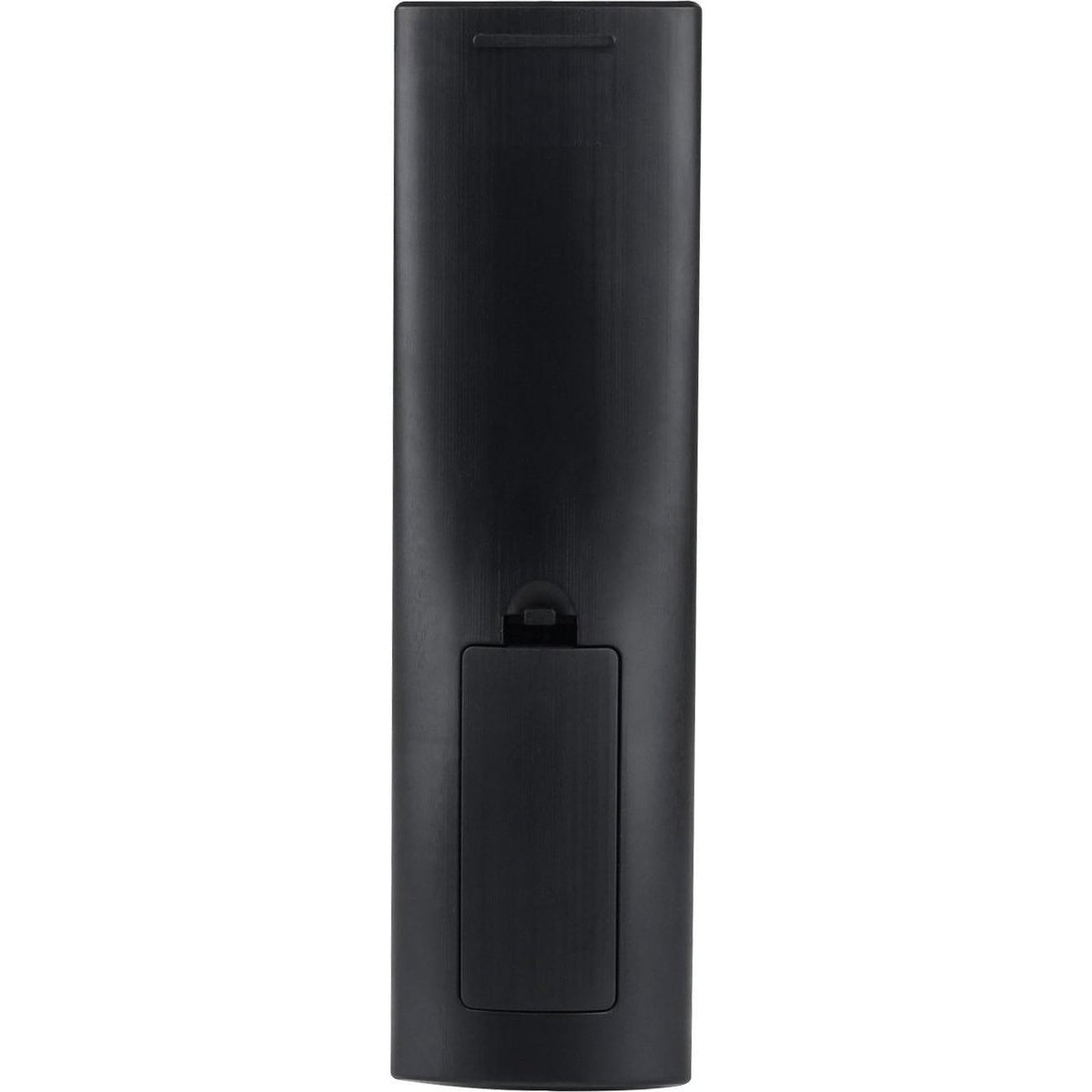 A black TV remote control. Battery cover is visible at the bottom. Vertical design with a slightly textured surface.