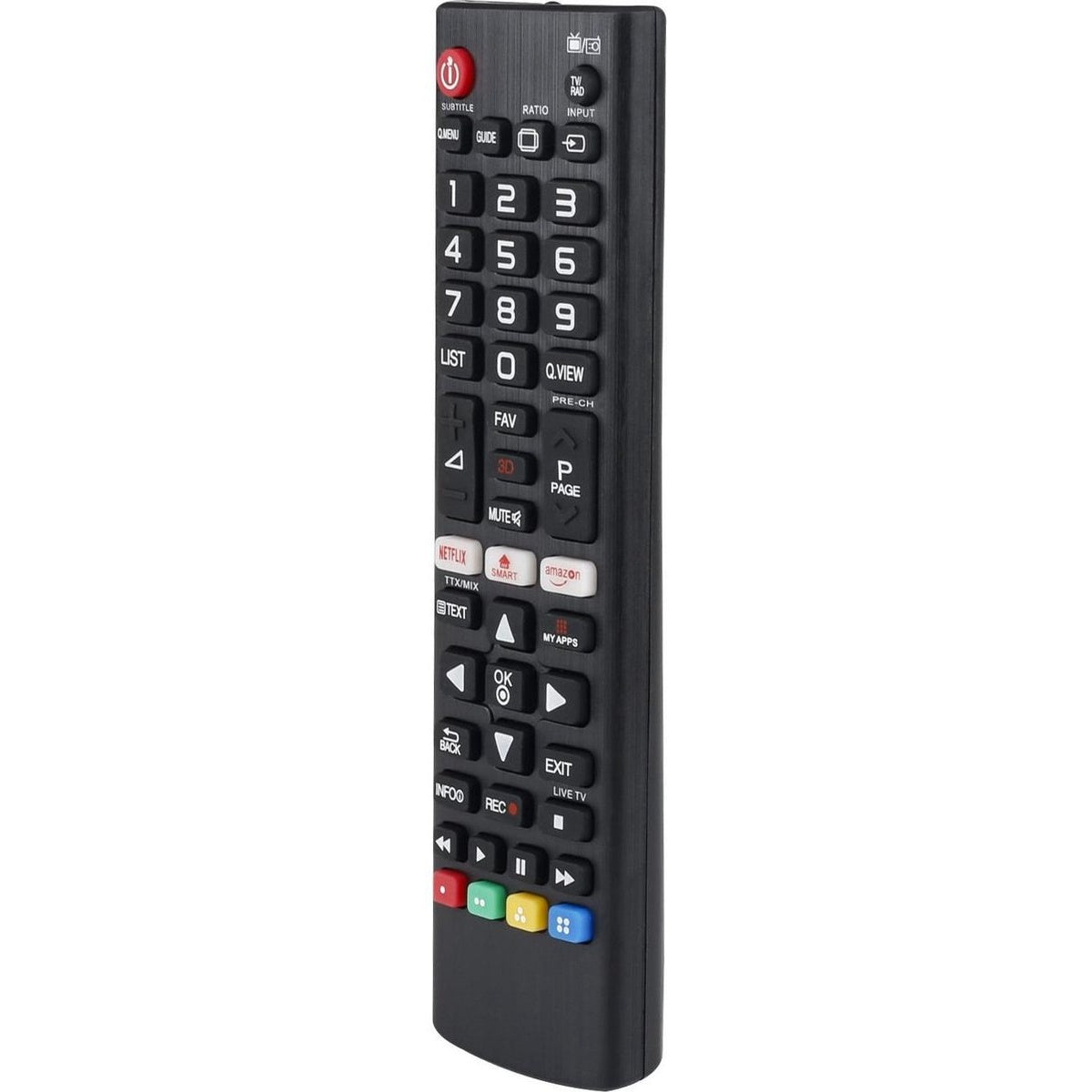 A black TV remote control with many buttons, including numbers, navigation, and function keys. The power button is red.
