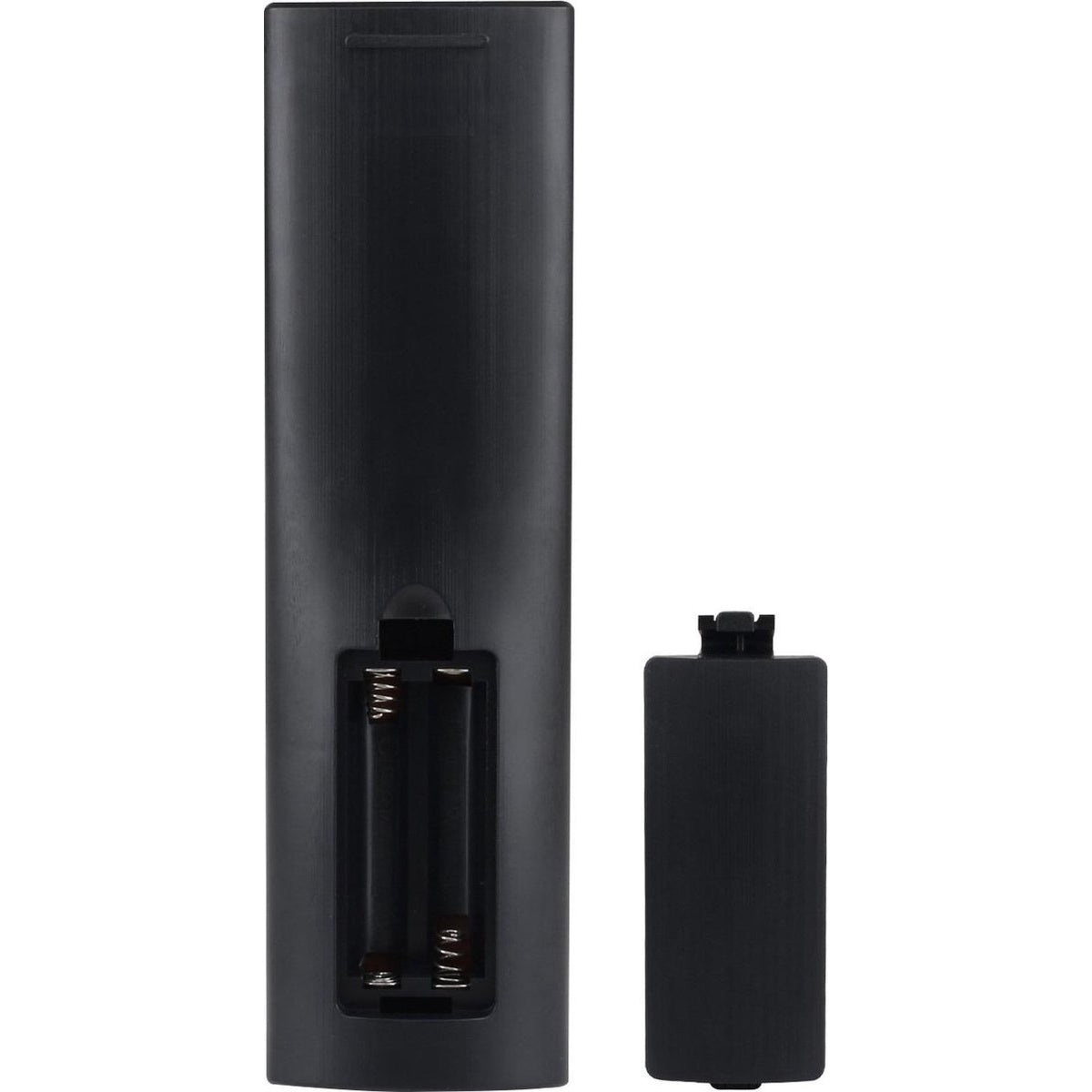 A black remote control with a battery compartment open, and a separate battery cover.