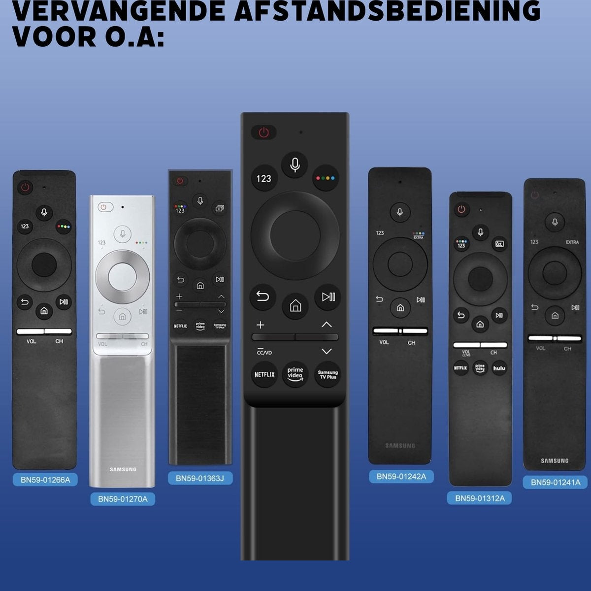 Several TV remote controls are displayed. Each has different buttons and designs. They are labeled with codes like BN59-01266A.