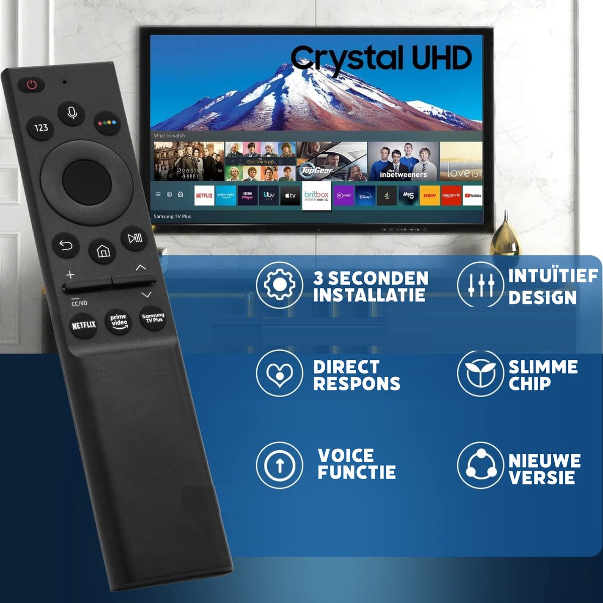 A black remote control is in front of a TV displaying a streaming service interface. Various icons and text are also present.