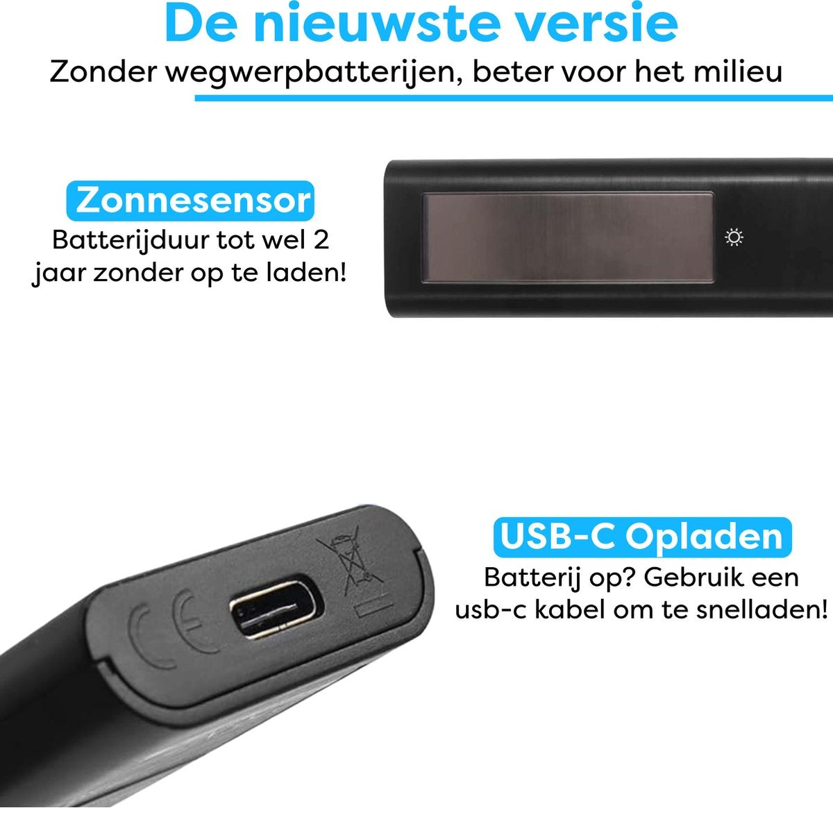 Image shows text in Dutch about a device with a solar sensor and USB-C charging. Details on battery life and environmental benefits.