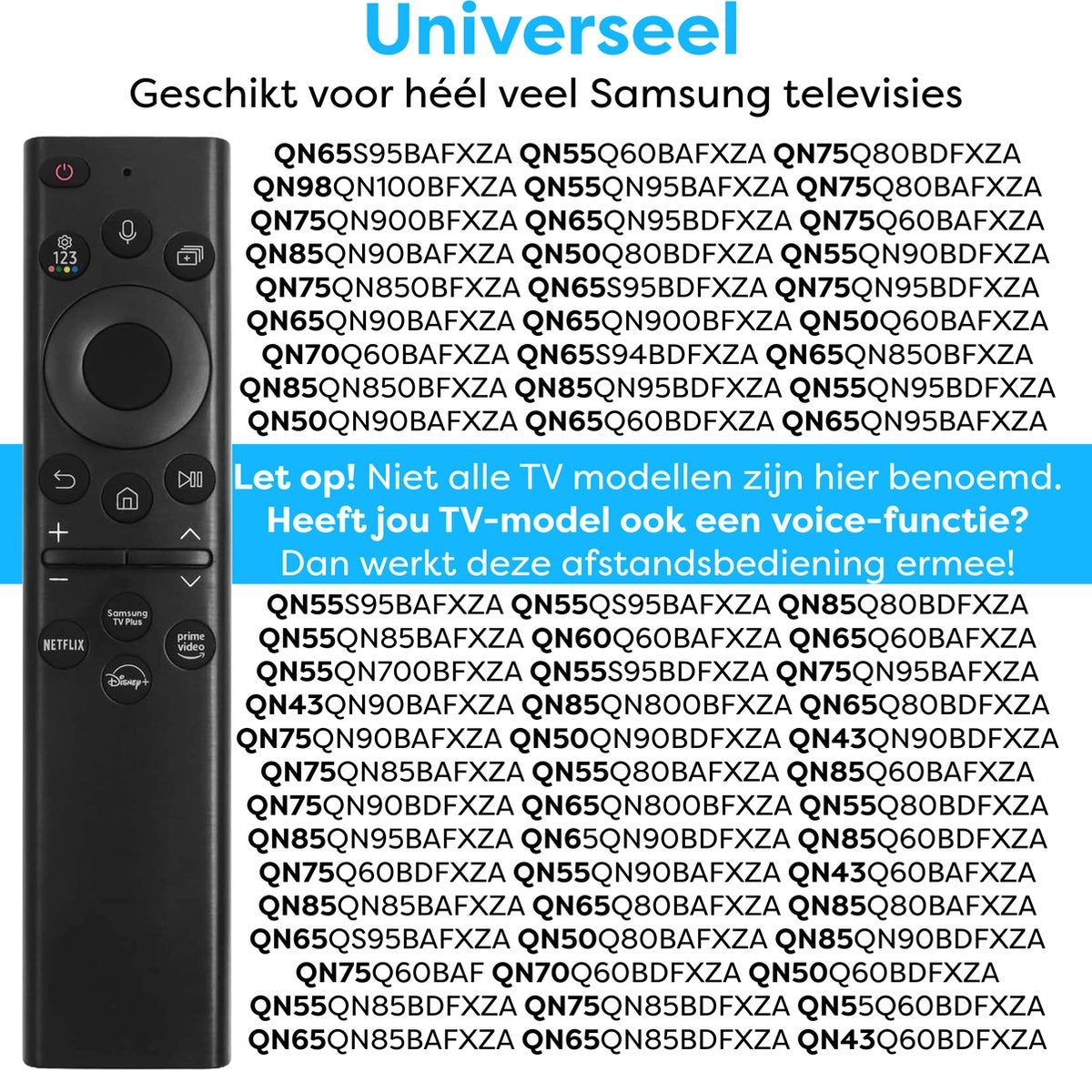 A black remote control with buttons is shown next to a list of TV model numbers. Text says 'Universal'.