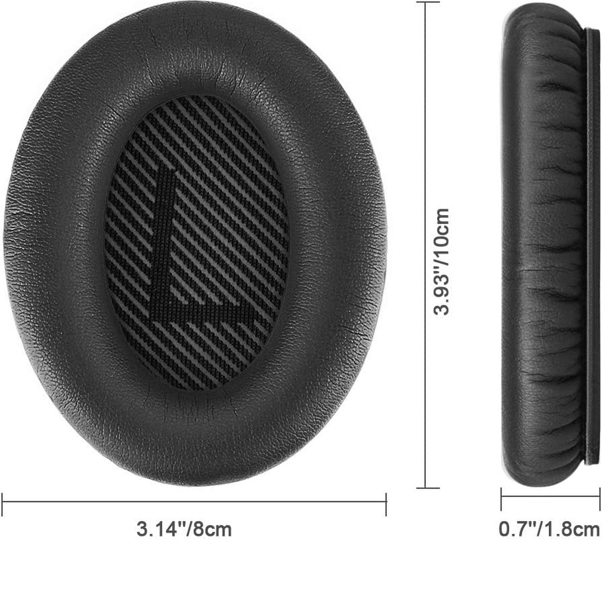 Zwart oorkussen met afmetingen. Ovale vorm. Binnenkant met mesh 'L'. Zijaanzicht toont dikte. Afmetingen: 3.93"/10cm, 3.14"/8cm, 0.7"/1.8cm.