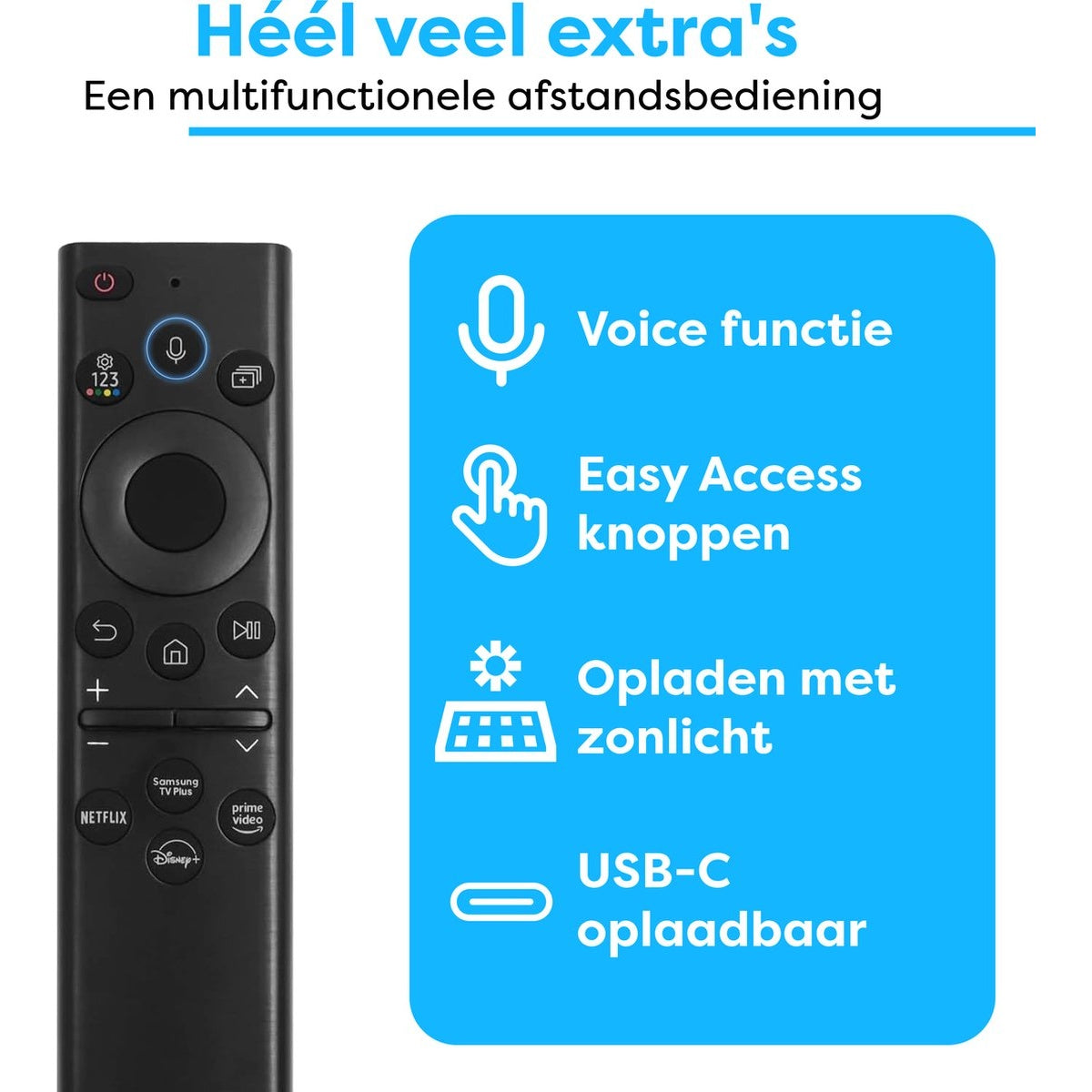 A black remote control with a blue box showing features: voice function, easy access buttons, solar charging, and USB-C charging.