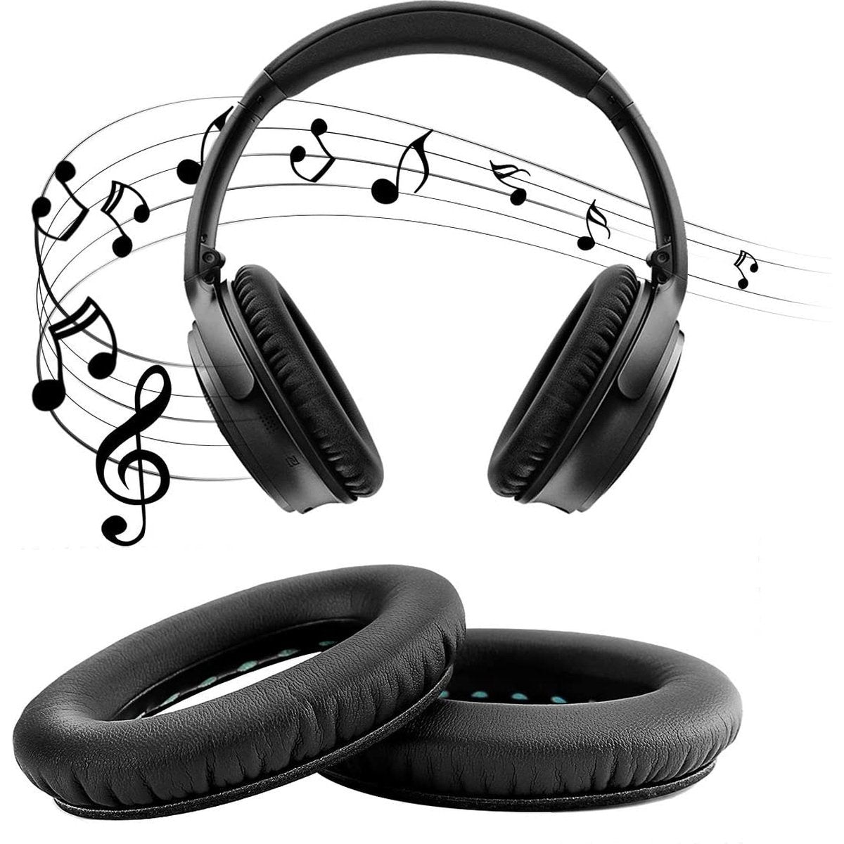 Zwarte koptelefoon en oorkussens op een witte achtergrond. Muzieknoten komen uit de koptelefoon, wat op muziek wijst.