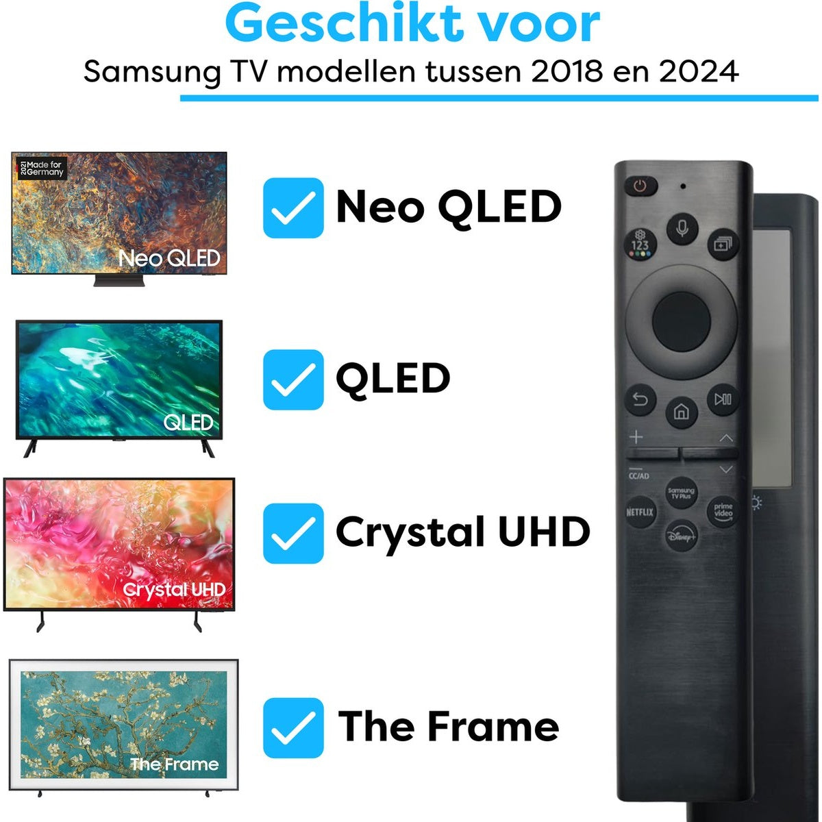 Image shows Samsung TVs: Neo QLED, QLED, Crystal UHD, and The Frame, with a remote control. Text indicates compatibility between 2018-2024.