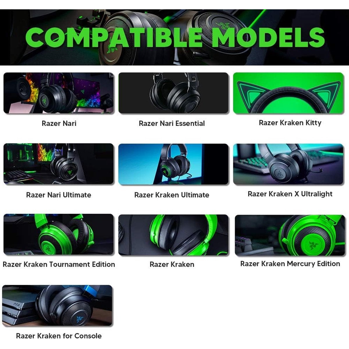 Afbeelding toont verschillende Razer-hoofdtelefoonmodellen. De tekst "COMPATIBLE MODELS" staat bovenaan. Verschillende modellen worden met hun namen getoond.