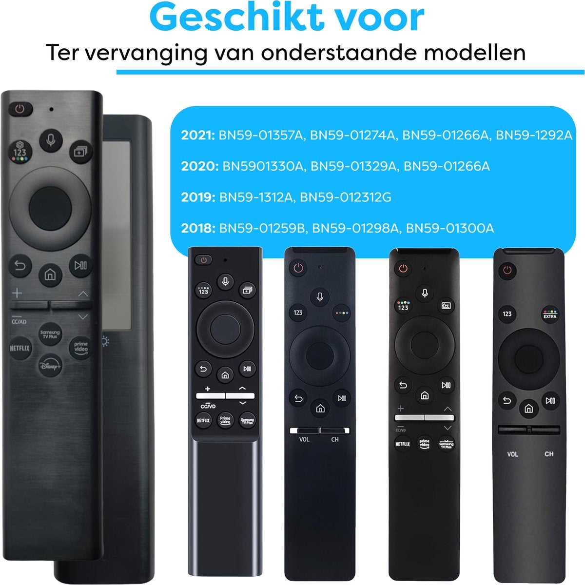 Image shows several black TV remotes with buttons and a blue text box listing compatible model numbers.