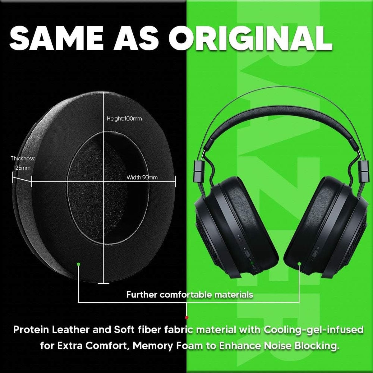 Afbeelding toont een headset met de afmetingen van de oorschelp en het gebruikte materiaal. De headset is zwart en de achtergrond is groen.