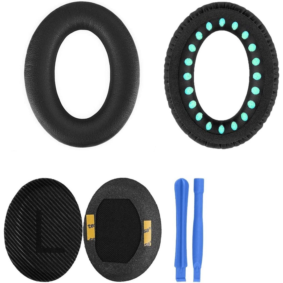 Onderdelen van oortelefoons: twee oorkussens, twee binnenkussens en twee blauwe plastic gereedschappen, alles op een witte achtergrond.