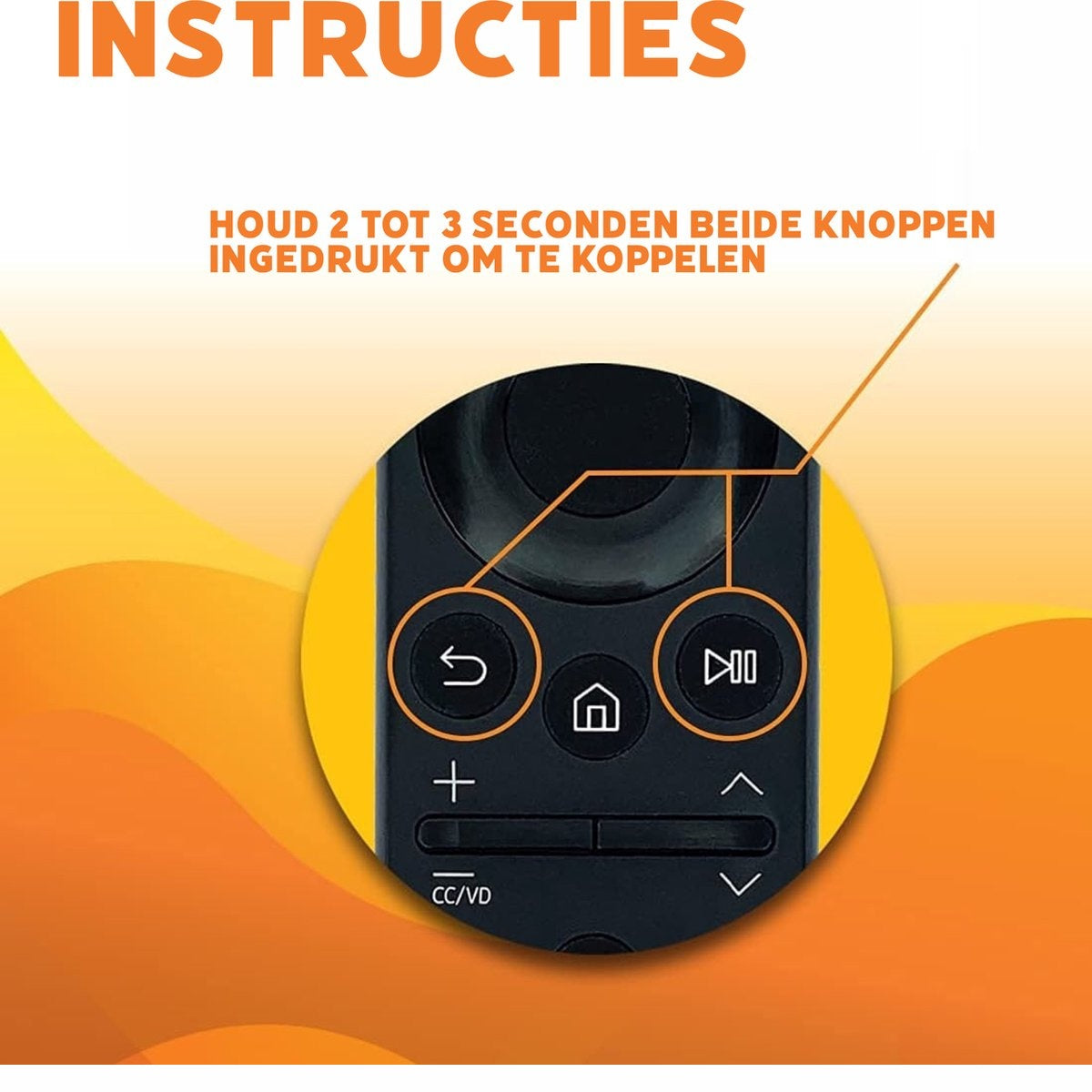 Image shows a black remote with instructions: Hold 2-3 seconds to pair. Key buttons are highlighted.  Orange and yellow background.