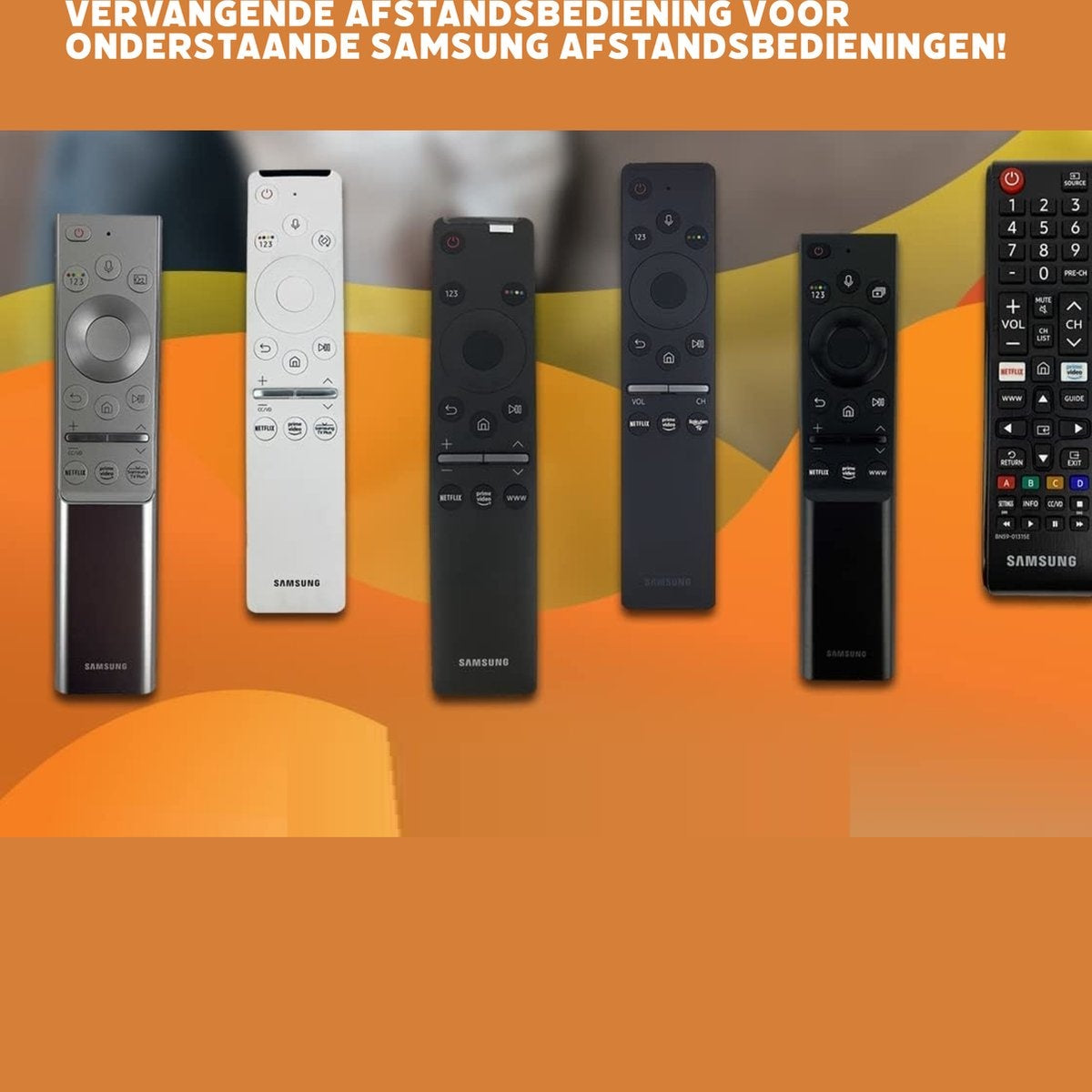 Image shows several Samsung remote controls. They are black, white, and silver, with various buttons and logos. The background is orange.