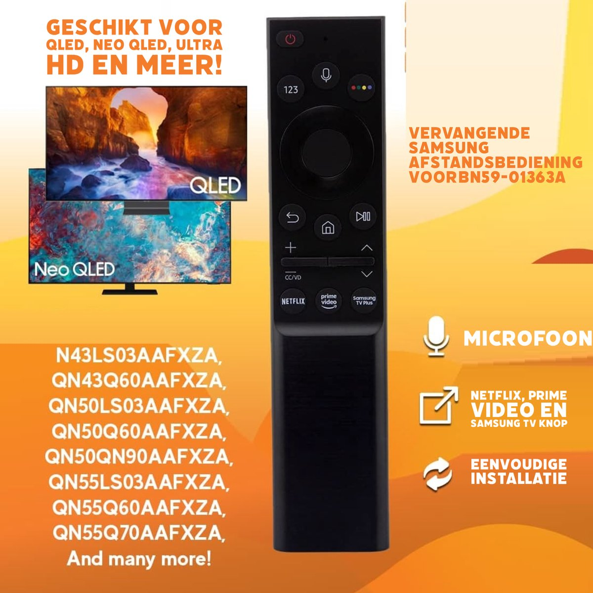 Image shows a black Samsung remote, QLED and Neo QLED TVs, and text in Dutch. Text also mentions Netflix, Prime Video, and Samsung TV Plus.