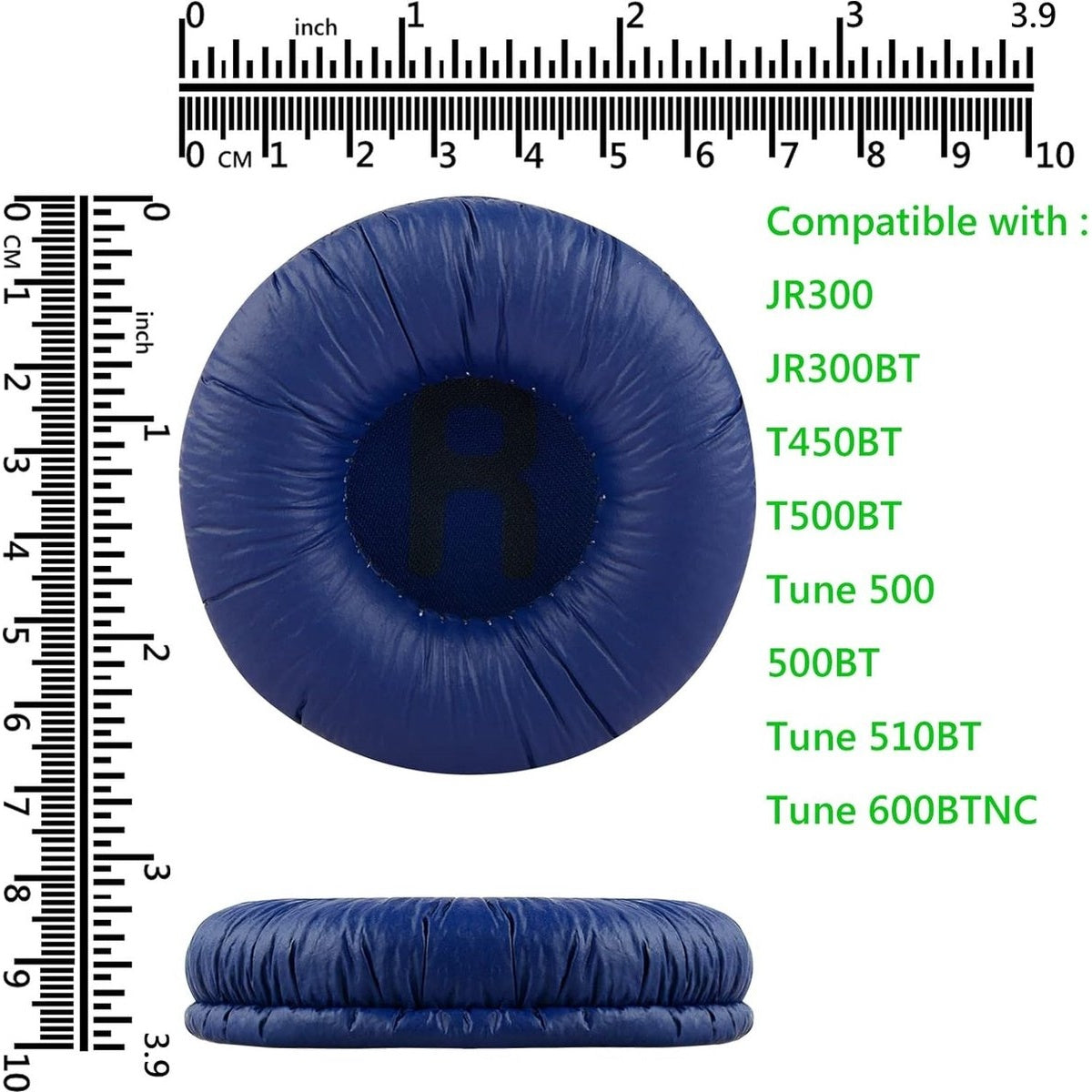 Een blauw oorkussen met meetschaal. Tekst geeft compatibiliteit met verschillende hoofdtelefoonmodellen aan.