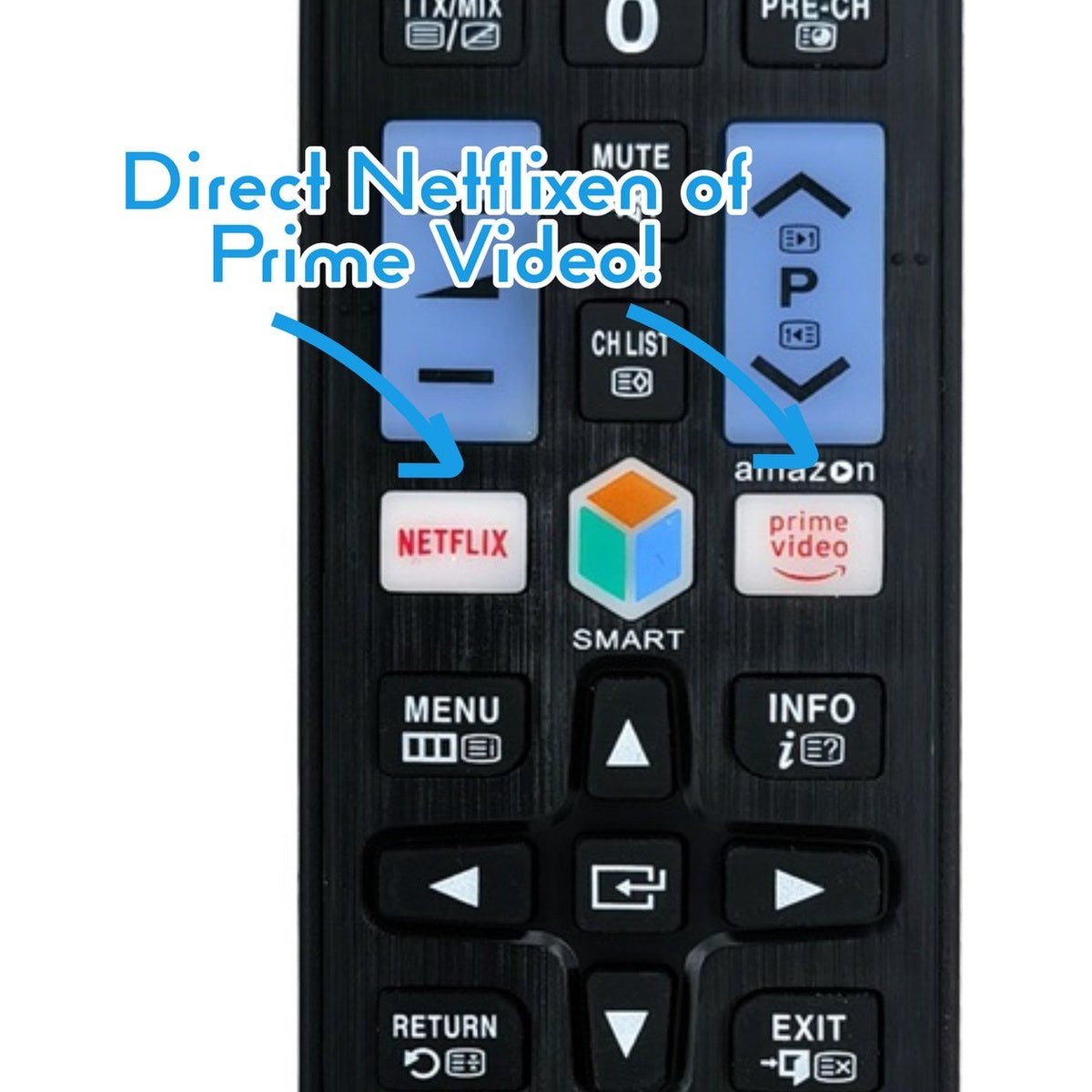 A remote control with buttons for Netflix, Amazon Prime Video, and Smart functions. Text reads: Direct Netflixen of Prime Video!