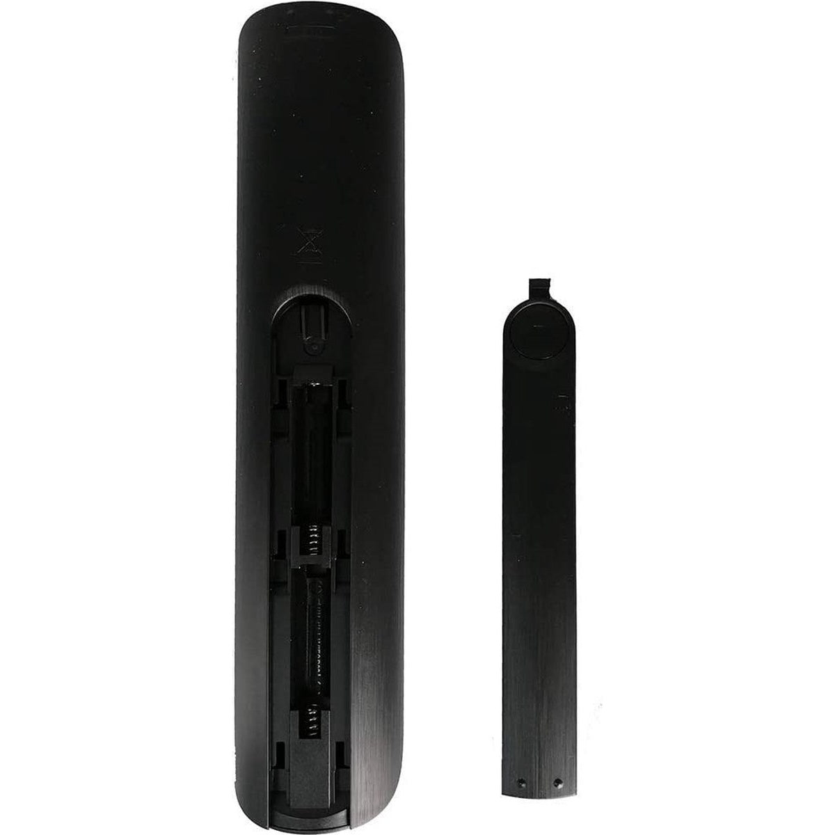 Black TV remote control with battery compartment open. A separate back piece is next to it.