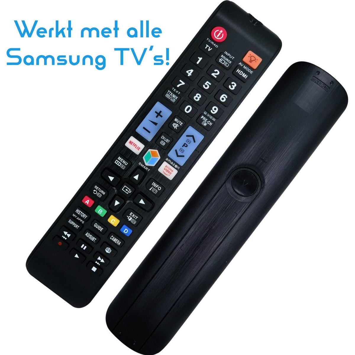 Two black Samsung TV remotes on white background, one with buttons visible, the other's back visible. Text in Dutch says, 'Works with all Samsung TVs!'