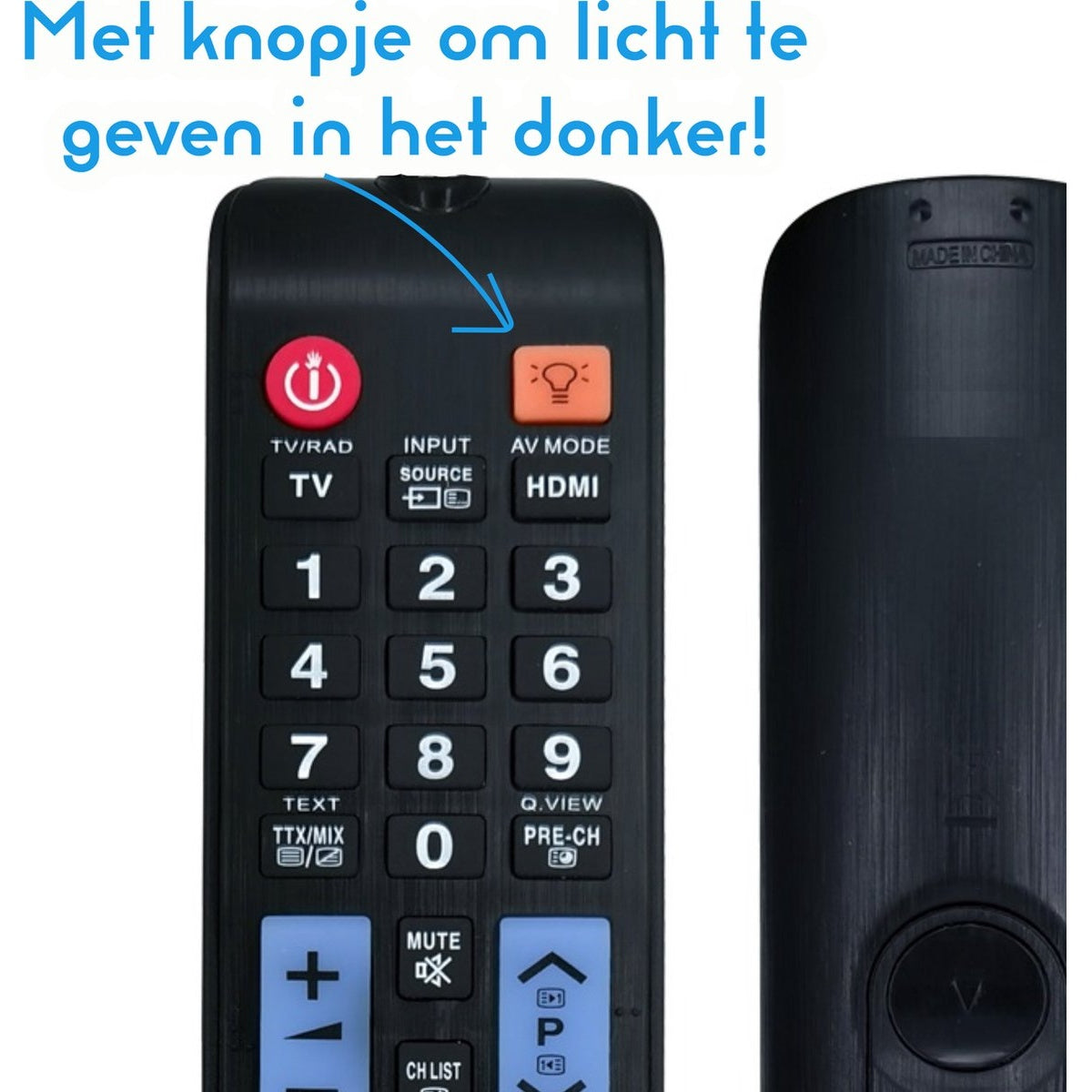 A black remote control with buttons, including numbers and function keys. An arrow points to an orange button with a lightbulb icon.