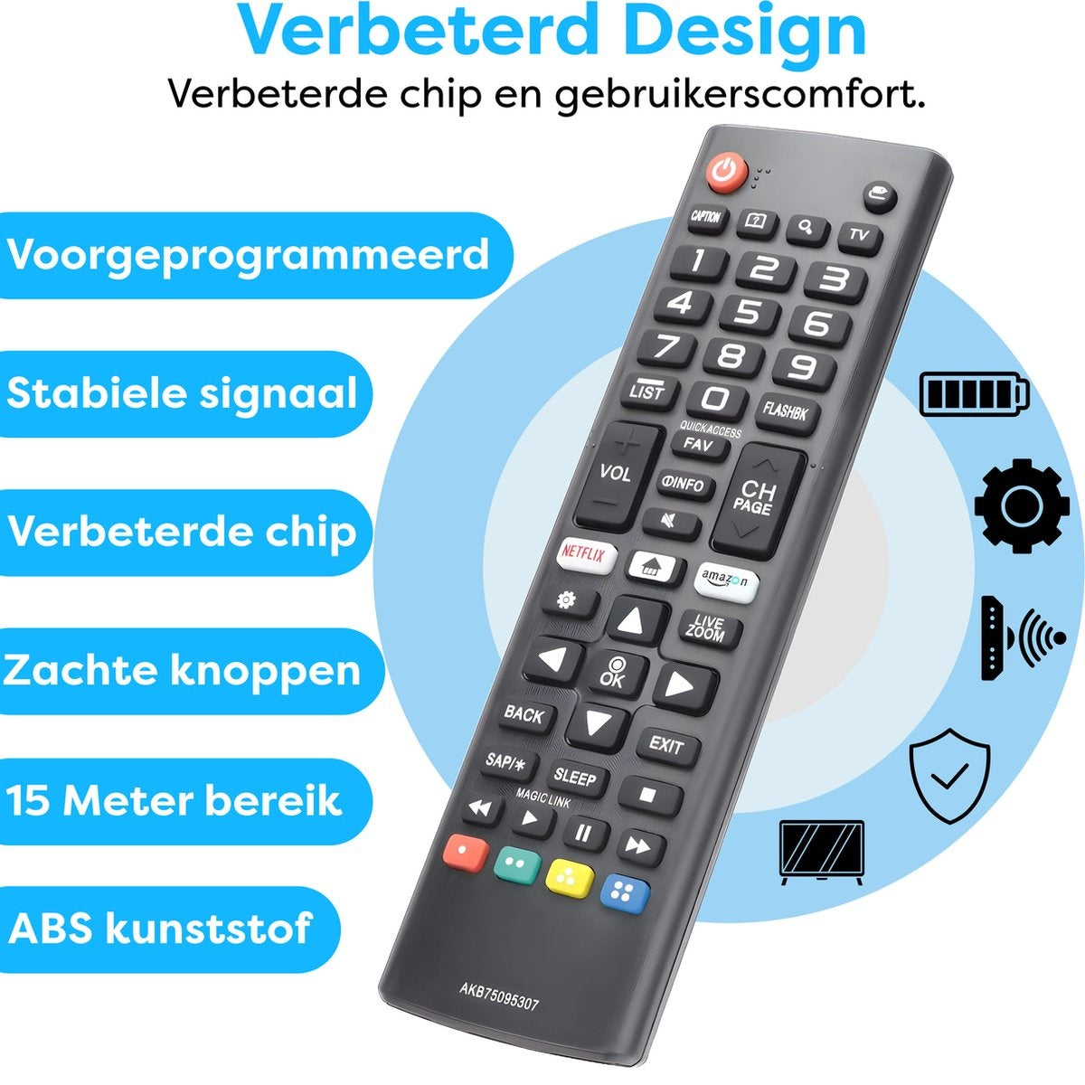 A black remote control with multiple buttons. Text in Dutch. Blue circles with text and icons surround the remote, like battery and signal.