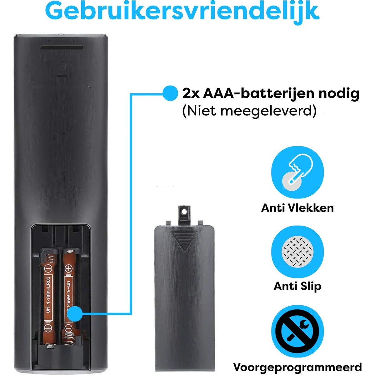 Back of a remote control showing battery compartment with AAA batteries. Features include anti-stain, anti-slip, and pre-programmed.