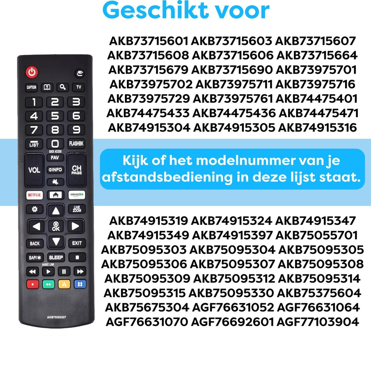 A black LG remote control with various buttons and a list of model numbers on a white background.