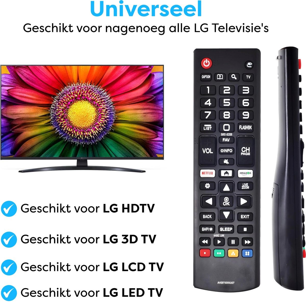 Image shows an LG TV, remote, and compatibility labels. The TV displays a flower. The remote is black. Labels mention HDTV, 3D, LCD, and LED TVs.