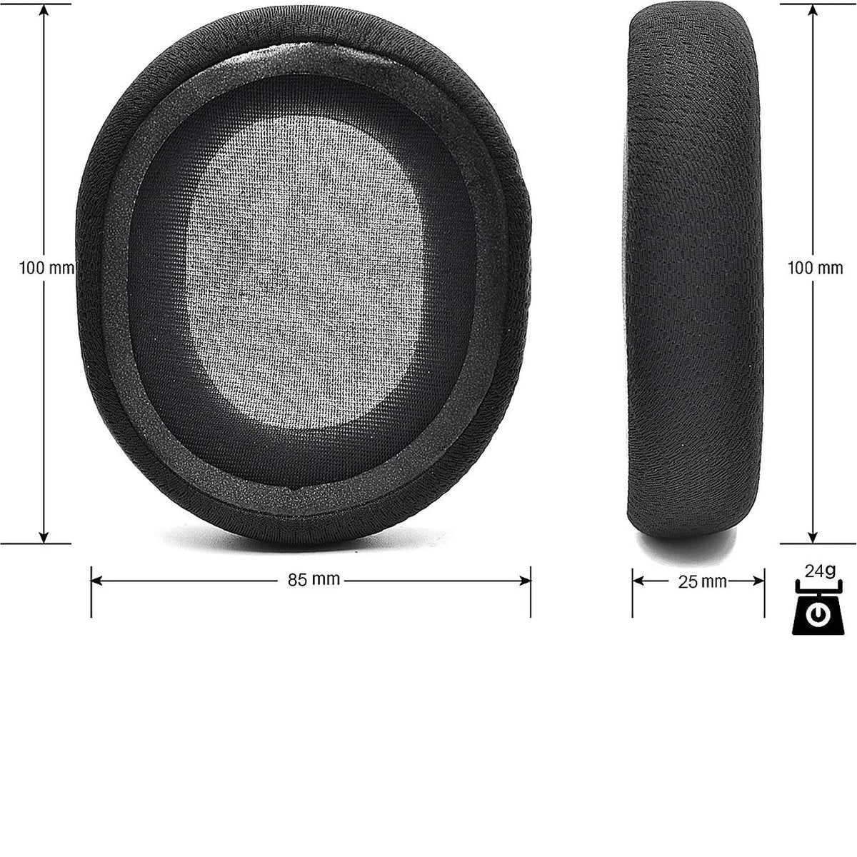 Twee zwarte oorkussens voor een koptelefoon. Eén toont de voorkant met gaas, de andere de zijkant. Afmetingen en gewicht worden weergegeven.