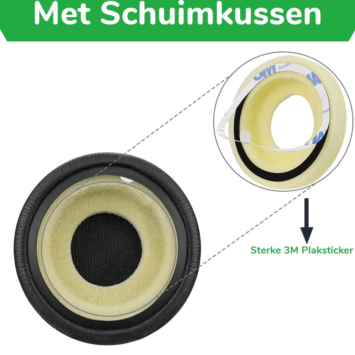 Hoofdtelefoonoorkussen met close-up van het schuimrubberen kussen en een 3M-sticker voor vervanging. Nederlandse tekst.