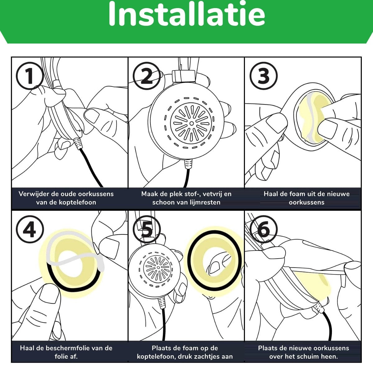 Instructies voor het vervangen van de oorkussens van de hoofdtelefoon. Stappen 1-6 tonen het verwijderen van oude kussens, schoonmaken en installeren van nieuwe.
