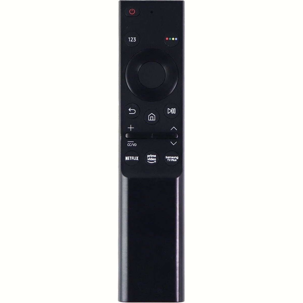 Black Samsung remote. It has buttons for power, numbers, volume, Netflix, Prime Video, and Samsung TV Plus.
