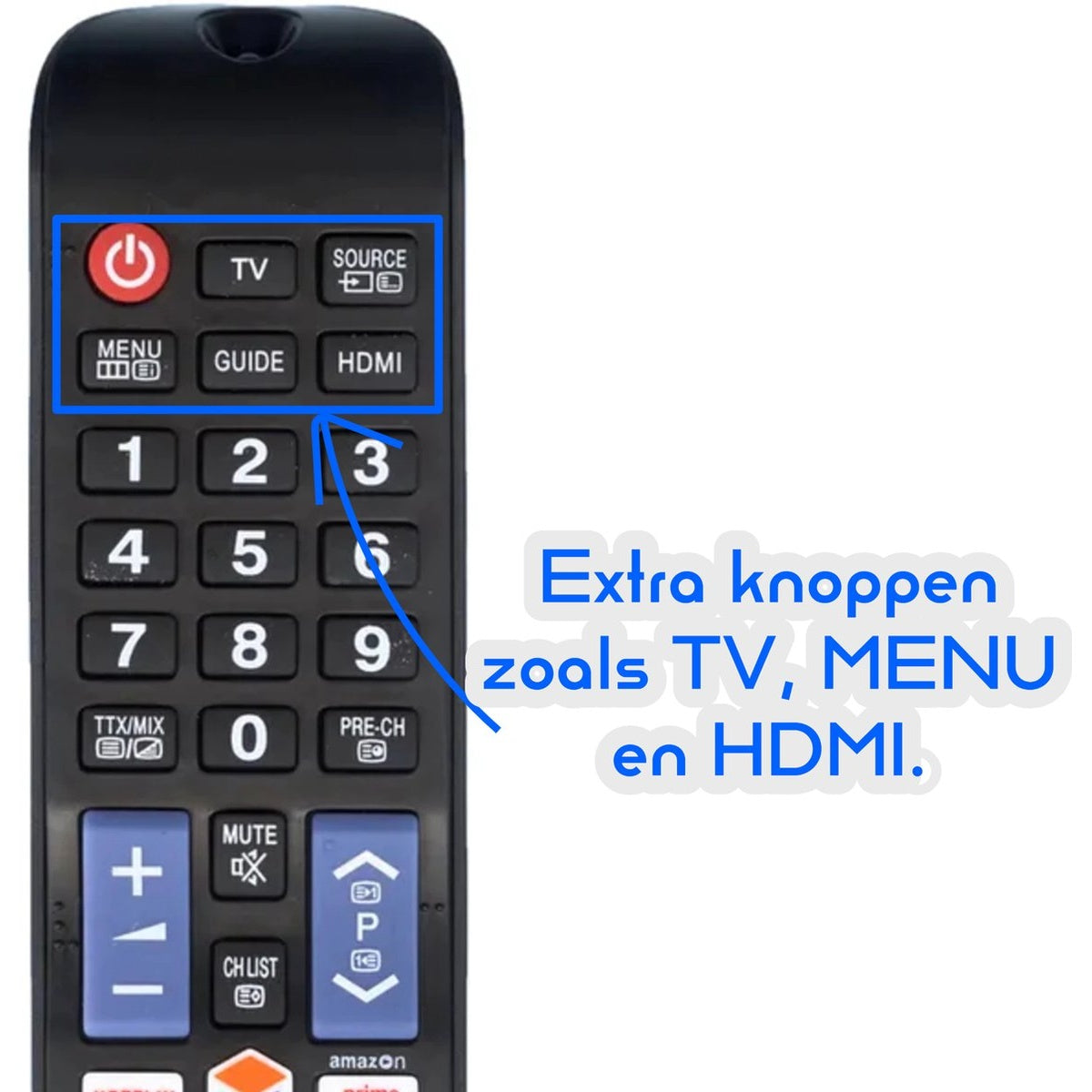 A black TV remote control with various buttons, including power, TV, menu, guide, HDMI, and number keys, with text in Dutch.