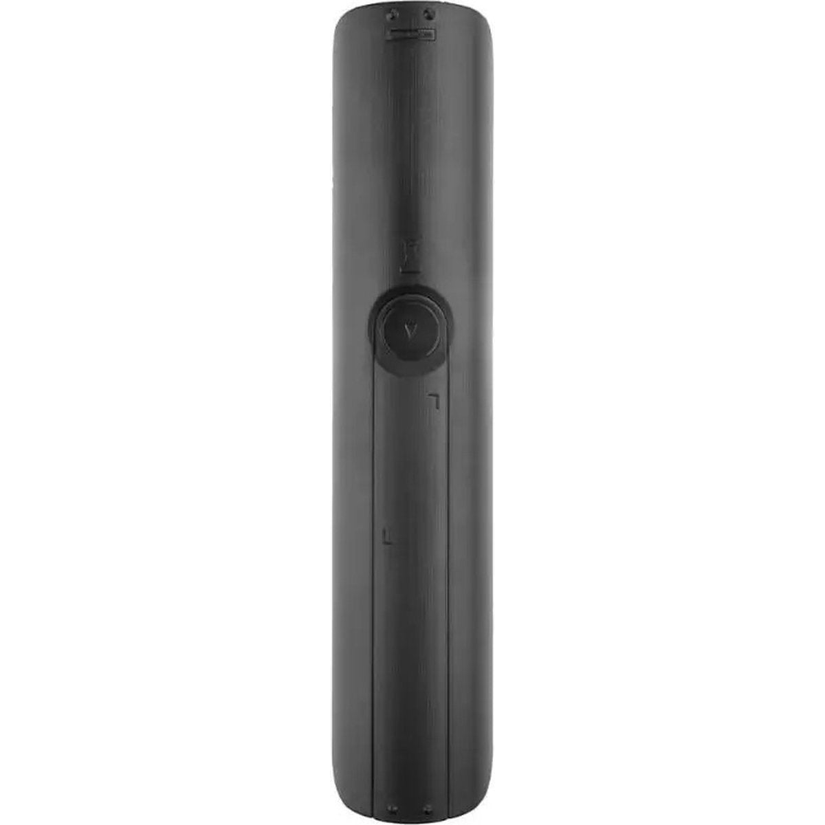 A black TV remote control stands vertically. It has a circular button and several other buttons. The background is white.