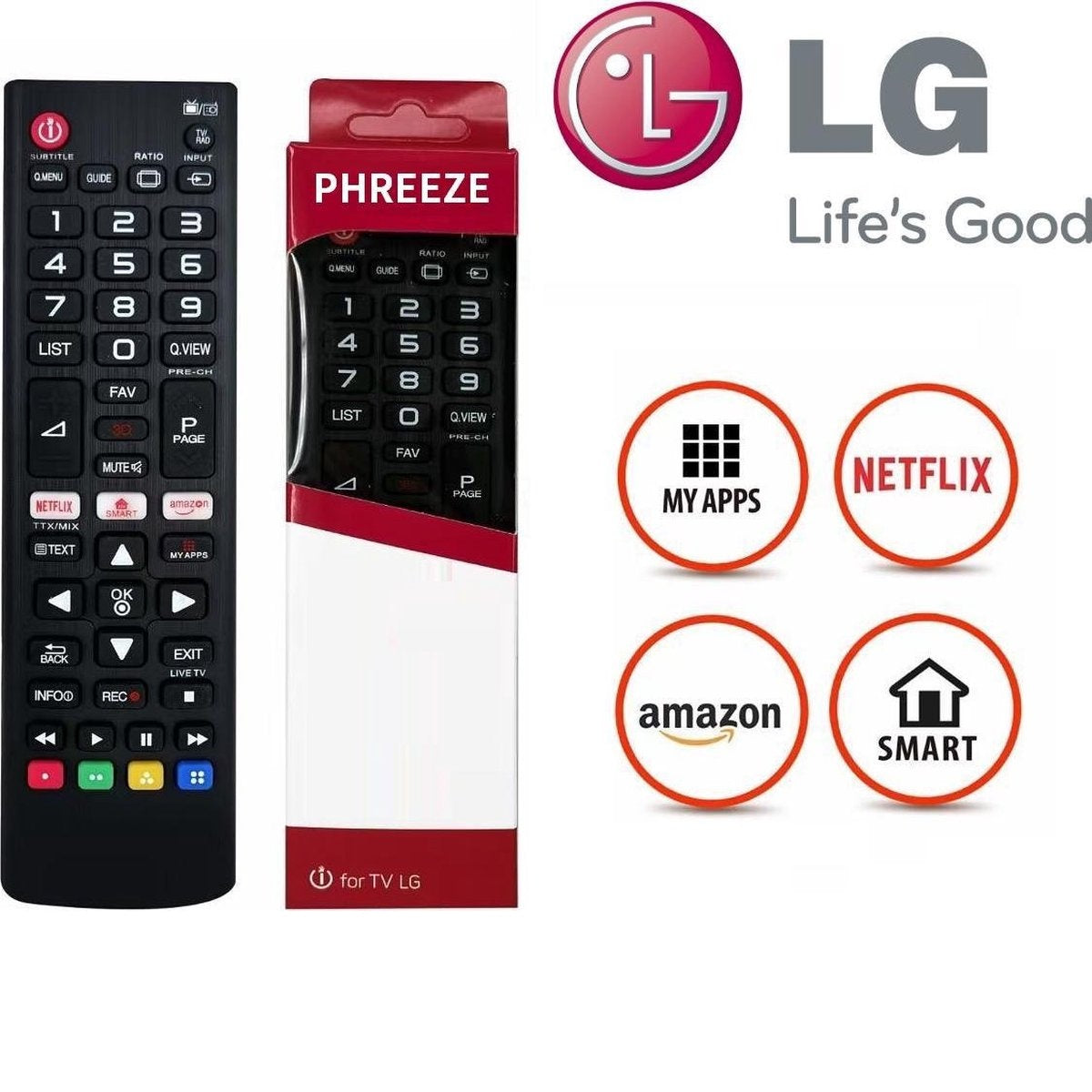 A TV remote control, a packaged remote, and LG logos are displayed with app icons.