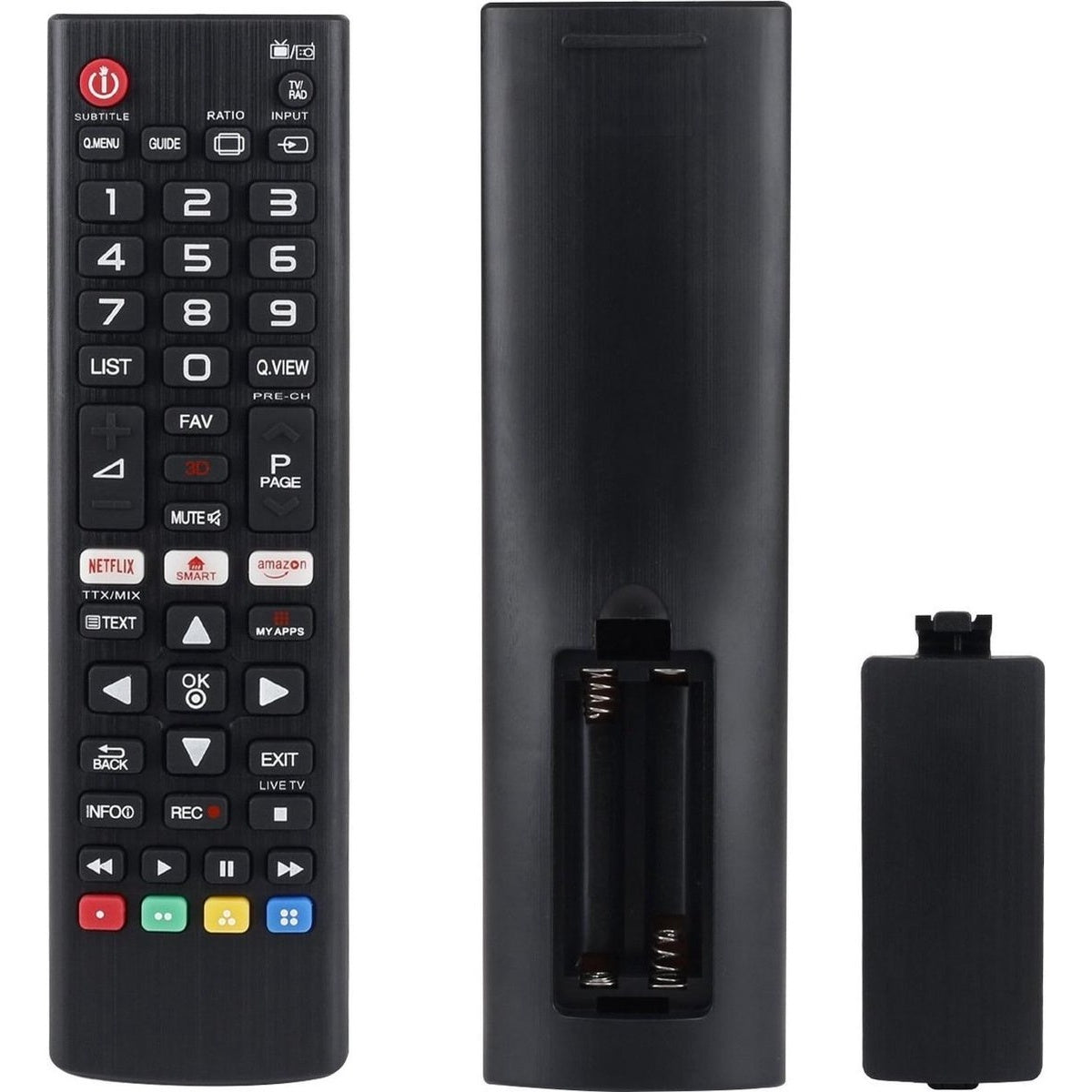 Black TV remote with buttons, including numbers, Netflix, and Amazon. The back shows a battery compartment and a separate battery cover.