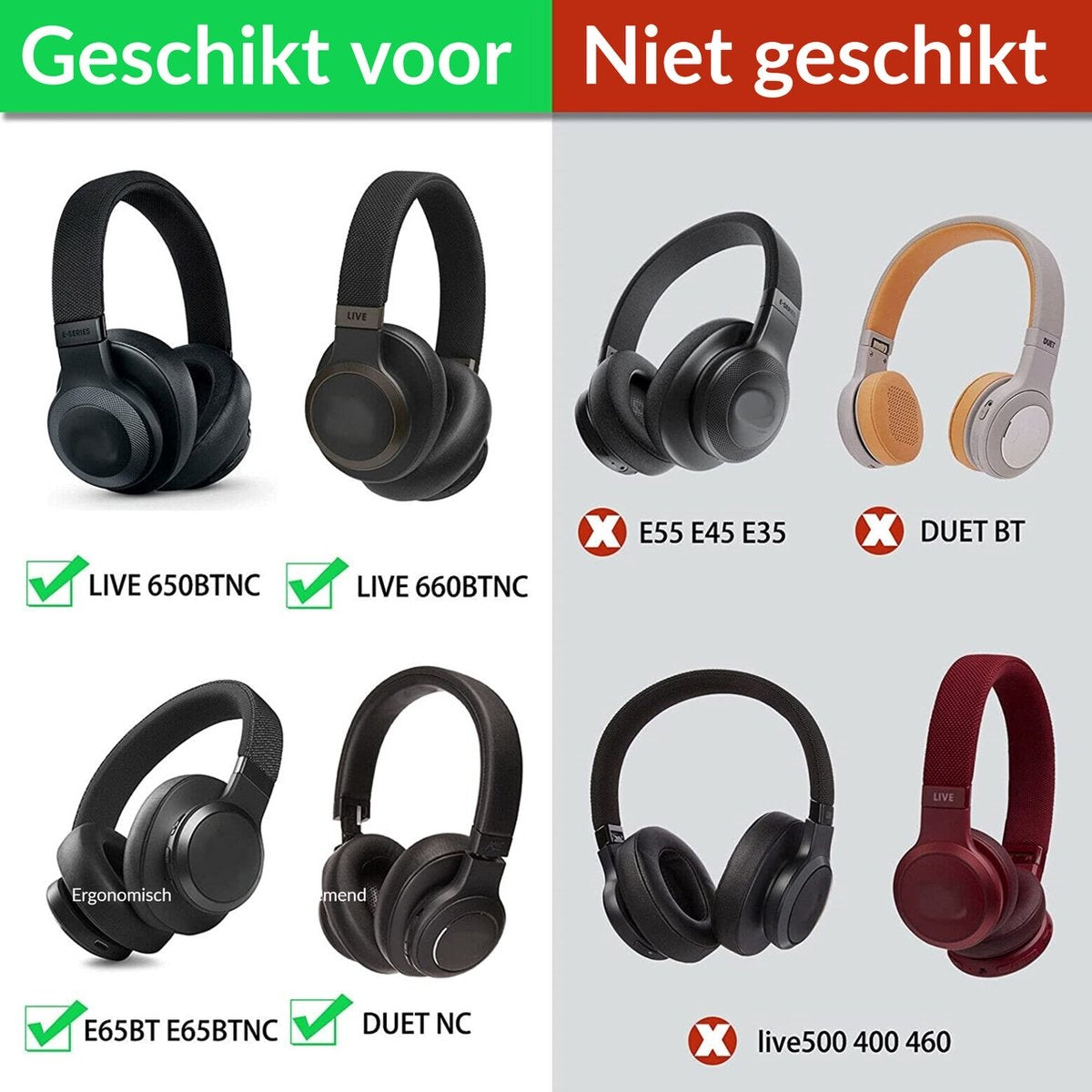 Afbeelding toont koptelefoons, sommige met vinkjes en andere met X-tekens. Tekst zegt 'Geschikt voor' en 'Niet geschikt'.