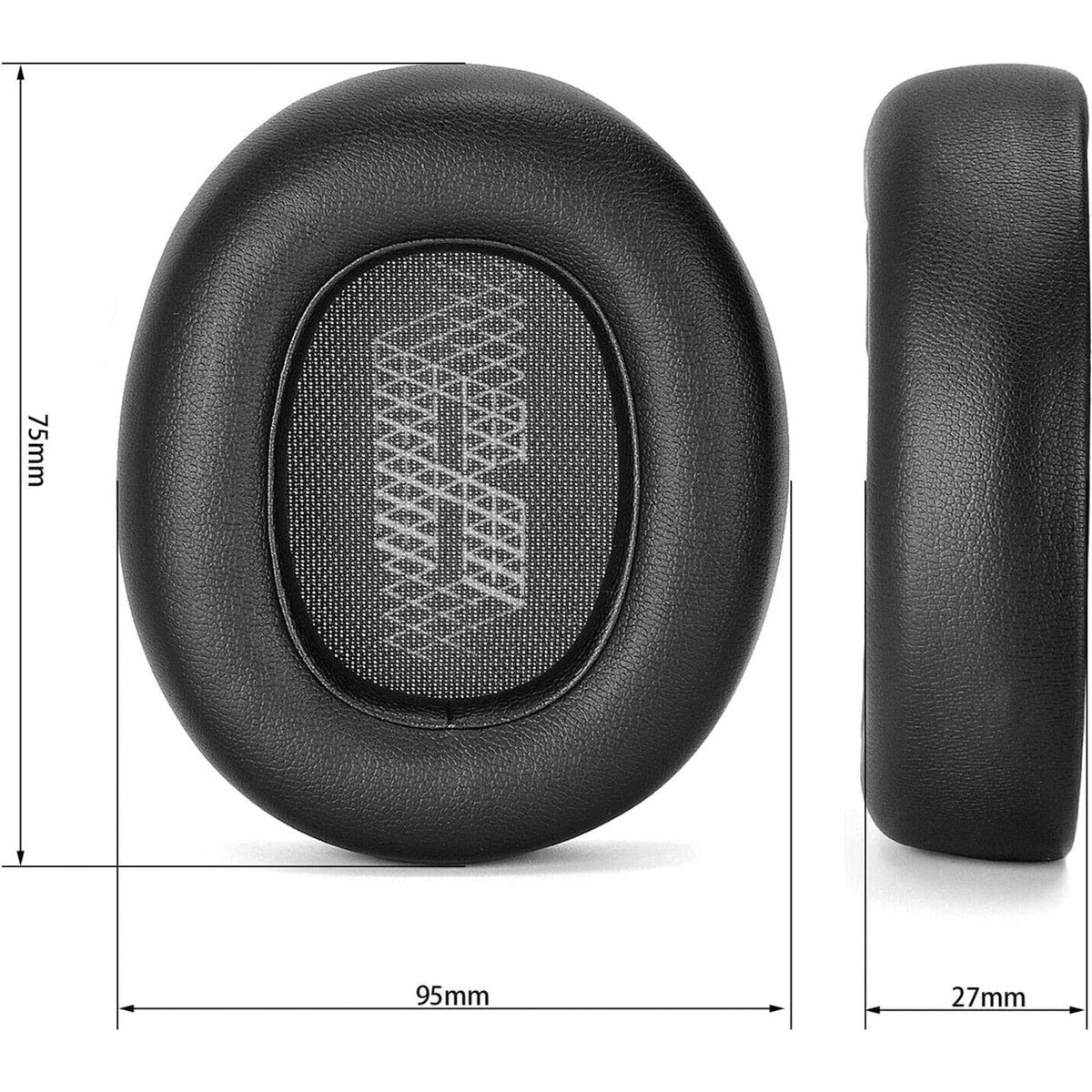 Zwarte oorkussen van een koptelefoon met afmetingen. Toont voor- en zijaanzicht. Voorkant heeft JBL-logo, zijkant is 27 mm dik.