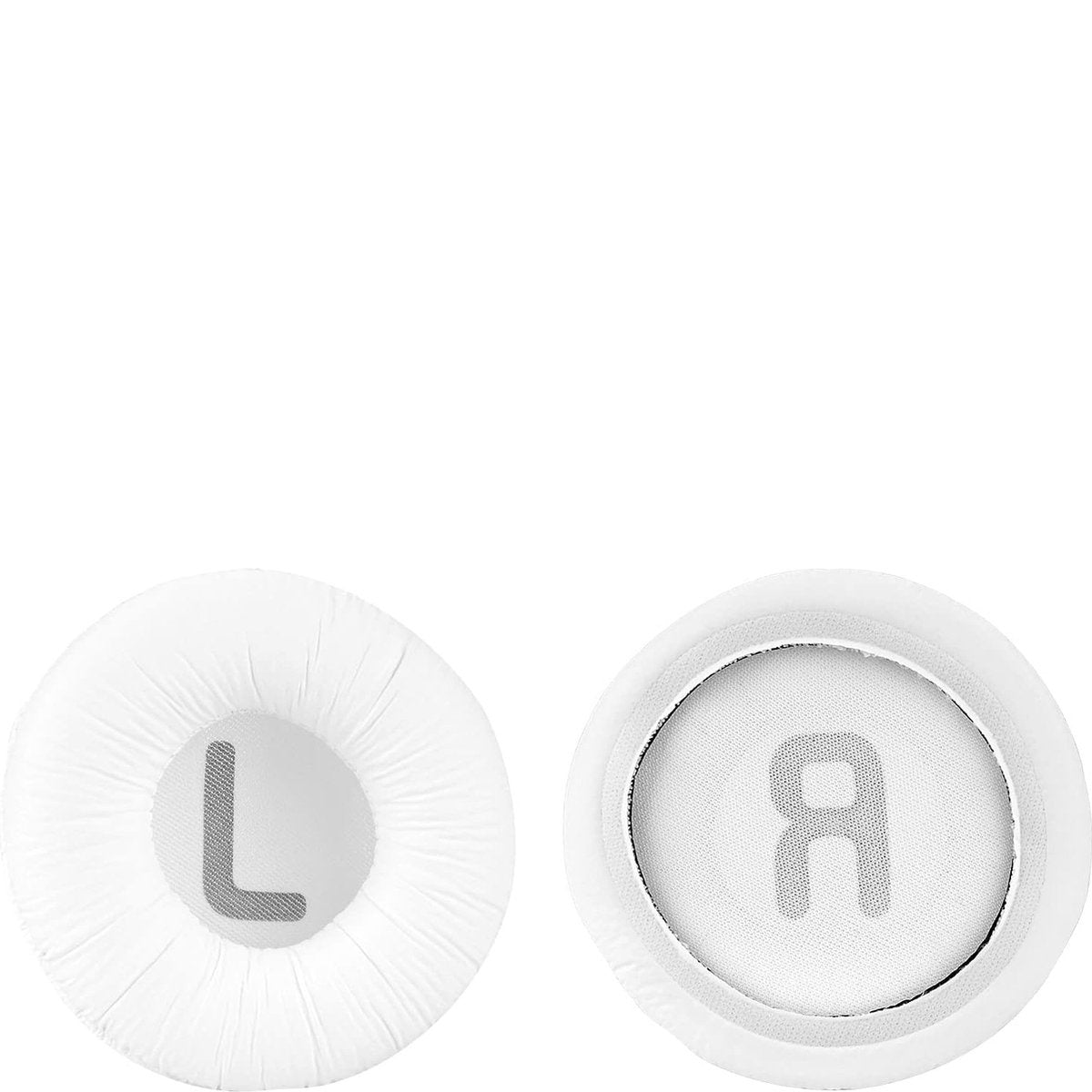 Twee witte oorkussens. Eén heeft een 'L' en de andere een 'R', die de linker- en rechterkant van de koptelefoon aangeven.