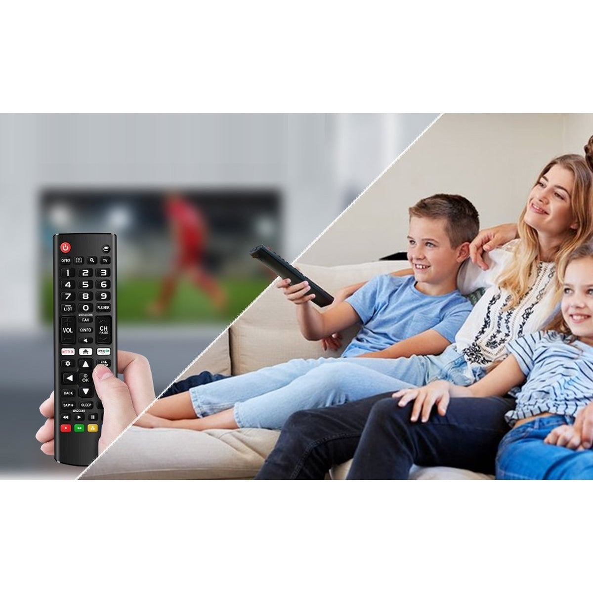A family watches TV. A hand holds a remote. The TV shows a blurred soccer game. The family is on a couch.
