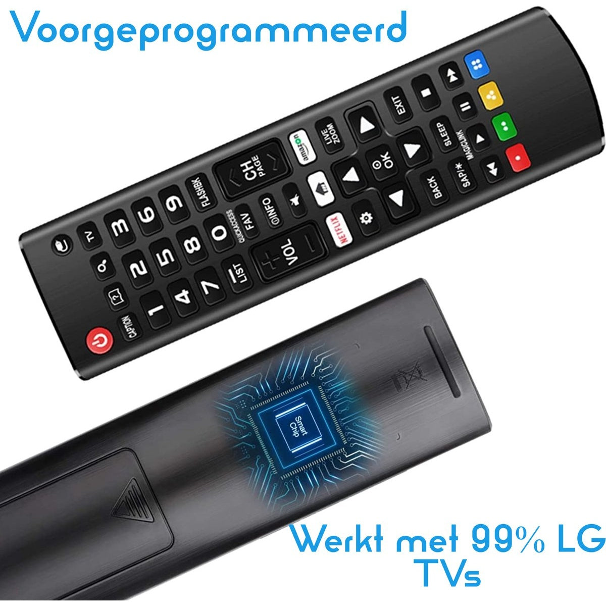 Two black TV remotes. One shows buttons, the other has a circuit board design. Text reads 'Werkt met 99% LG TVs'.
