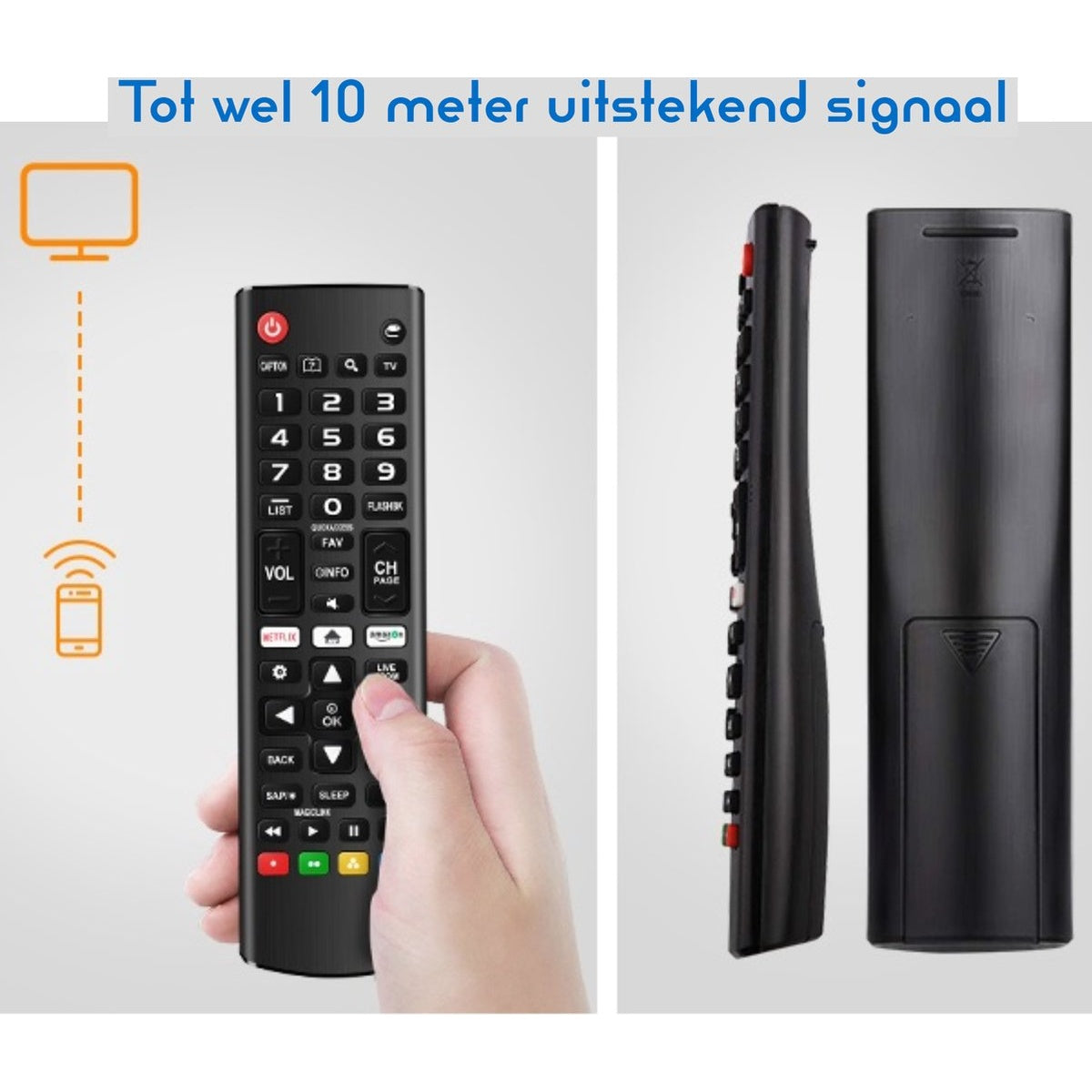 A hand holding a black remote control with white buttons. The remote is next to its side and back views. A TV and phone icon are in the background.