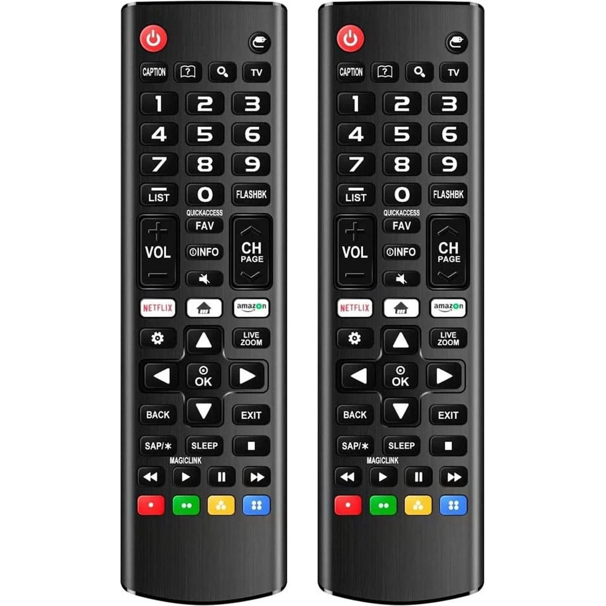 Two black TV remotes. Each has number buttons, volume controls, and app access buttons like Netflix and Amazon.