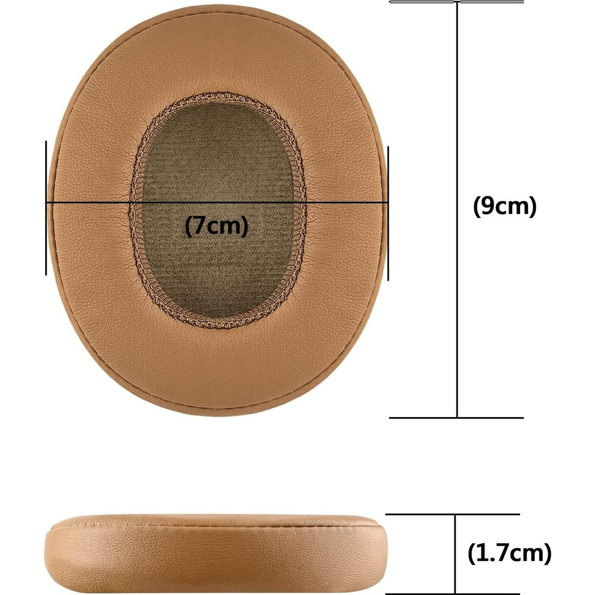Een bruin oorkussen met afmetingen: 9 cm hoog, 7 cm breed en 1,7 cm dik.