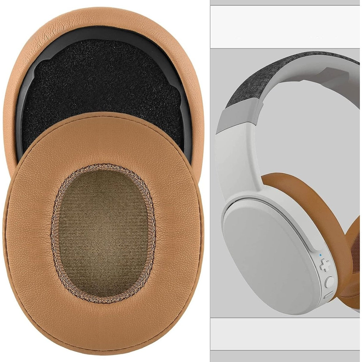 Hoofdtelefoononderdelen. Eén deel toont oorschelpen en het andere een complete hoofdtelefoon. Kleuren: bruin, zwart, wit, grijs.