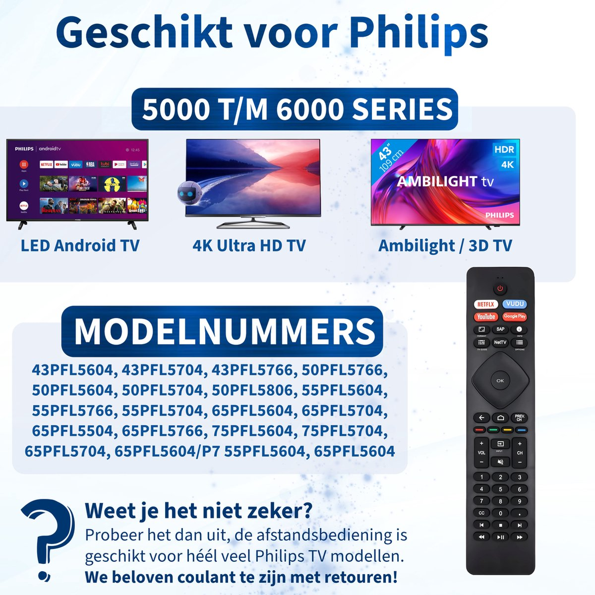 Image shows Philips TVs, including LED Android, 4K UHD, and Ambilight. It lists various model numbers and a remote control.