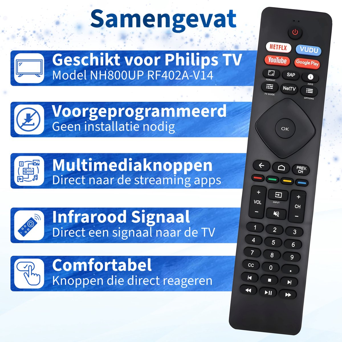 A black remote control with buttons and text, including Netflix, YouTube, and VUDU. Text also describes features like infrared signal and multimedia buttons.