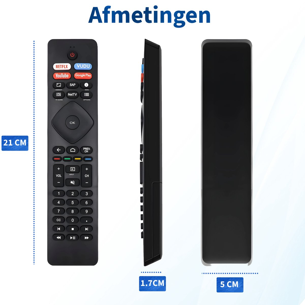 A black TV remote control is shown from three angles, detailing dimensions of 21cm, 1.7cm, and 5cm. Buttons include Netflix, YouTube, and numbers.