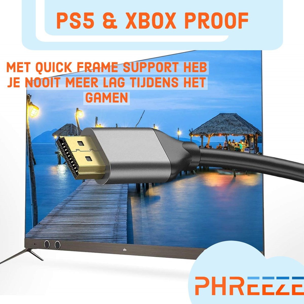 Een tv-scherm toont een tropische scène. Een zilveren HDMI-kabel is aangesloten. Tekst zegt PS5 & Xbox proof, en vermeldt quick frame support.