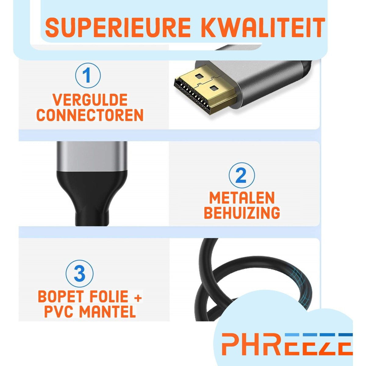Afbeelding toont een kabel met vergulde connectoren, metalen behuizing en BOPET-folie met PVC-mantel. Tekst: SUPERIEURE KWALITEIT, PHREEZE logo.