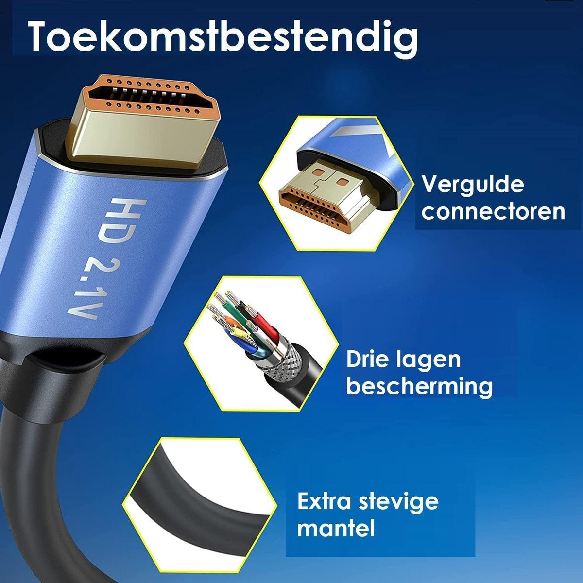 Image shows a blue and black HDMI cable with gold connectors. Text highlights features: gold connectors, triple-layer protection, and a strong jacket.
